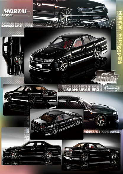 Metallic black Nissan ER34 Skyline Uras diecast model in 1:64 scale by Lot57Supplies Diecast Shop, detailed view of the collectible car.