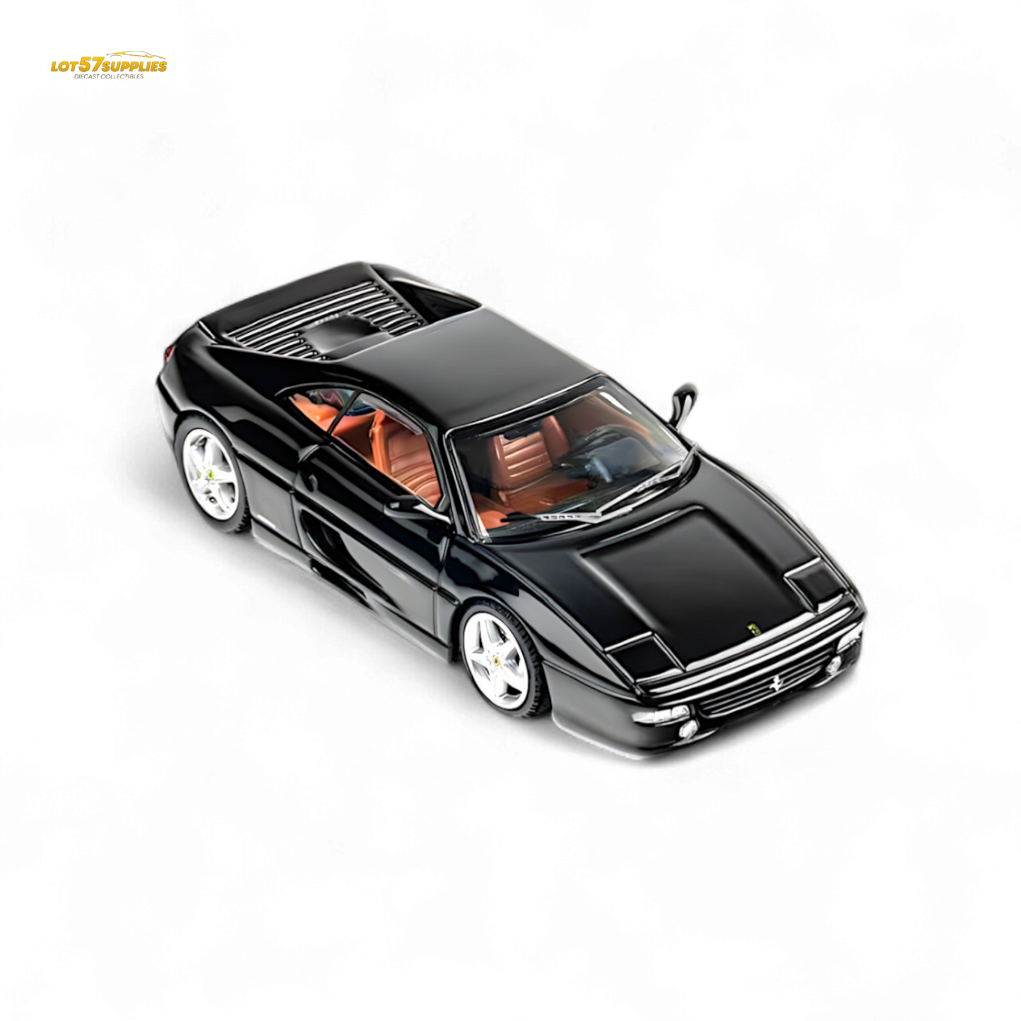 Black Ferrari F355 Challenge diecast model in 1:64 scale by Lot57Supplies Diecast Shop, showcasing detailed exterior and sleek design.