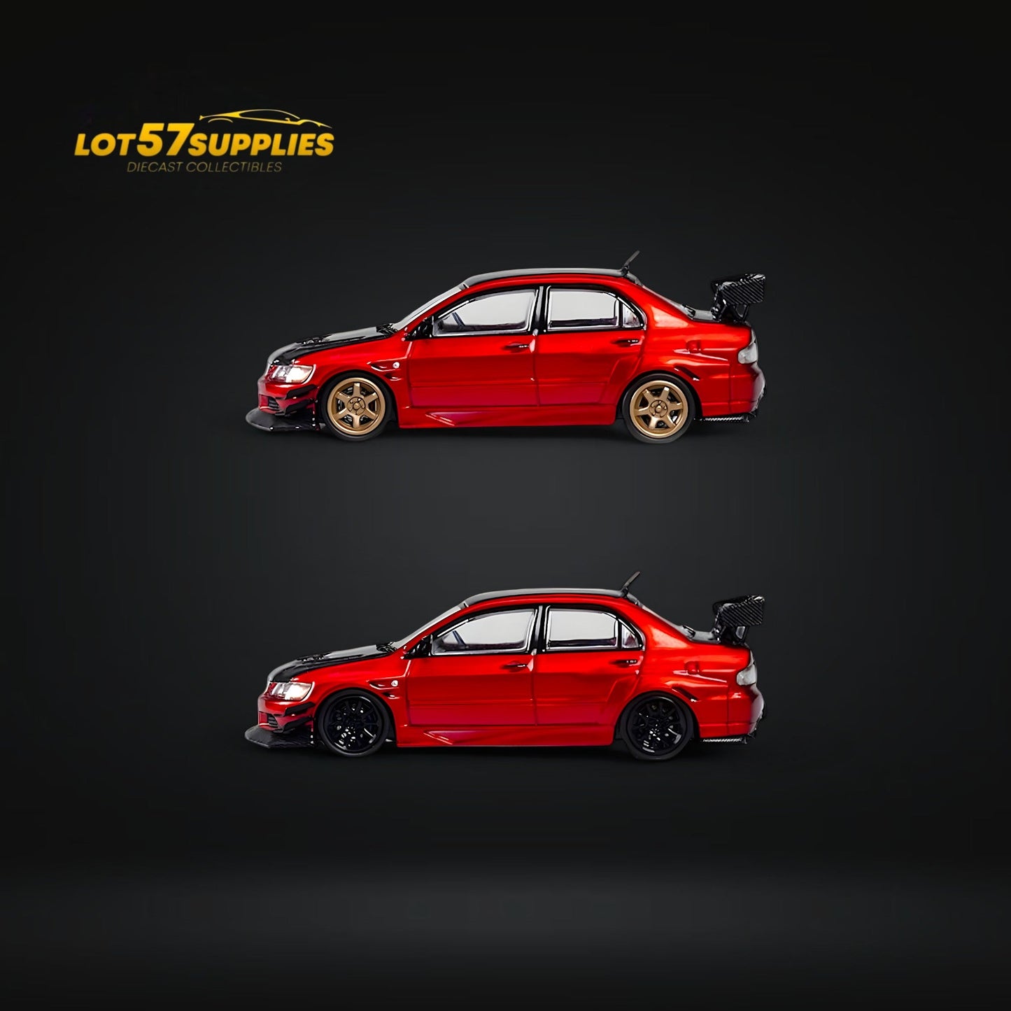 Metallic red Mitsubishi Lancer Evolution IX diecast model in 1:64 scale, featuring a widebody design and detailed exterior.