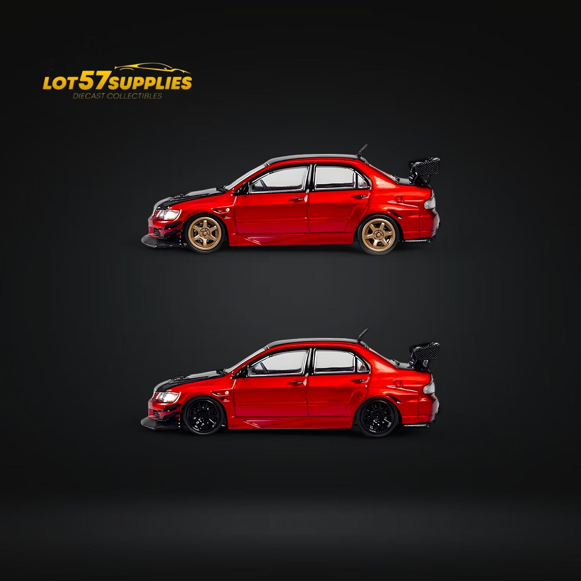 Metallic red Mitsubishi Lancer Evolution IX diecast model in 1:64 scale, featuring a widebody design and detailed exterior.