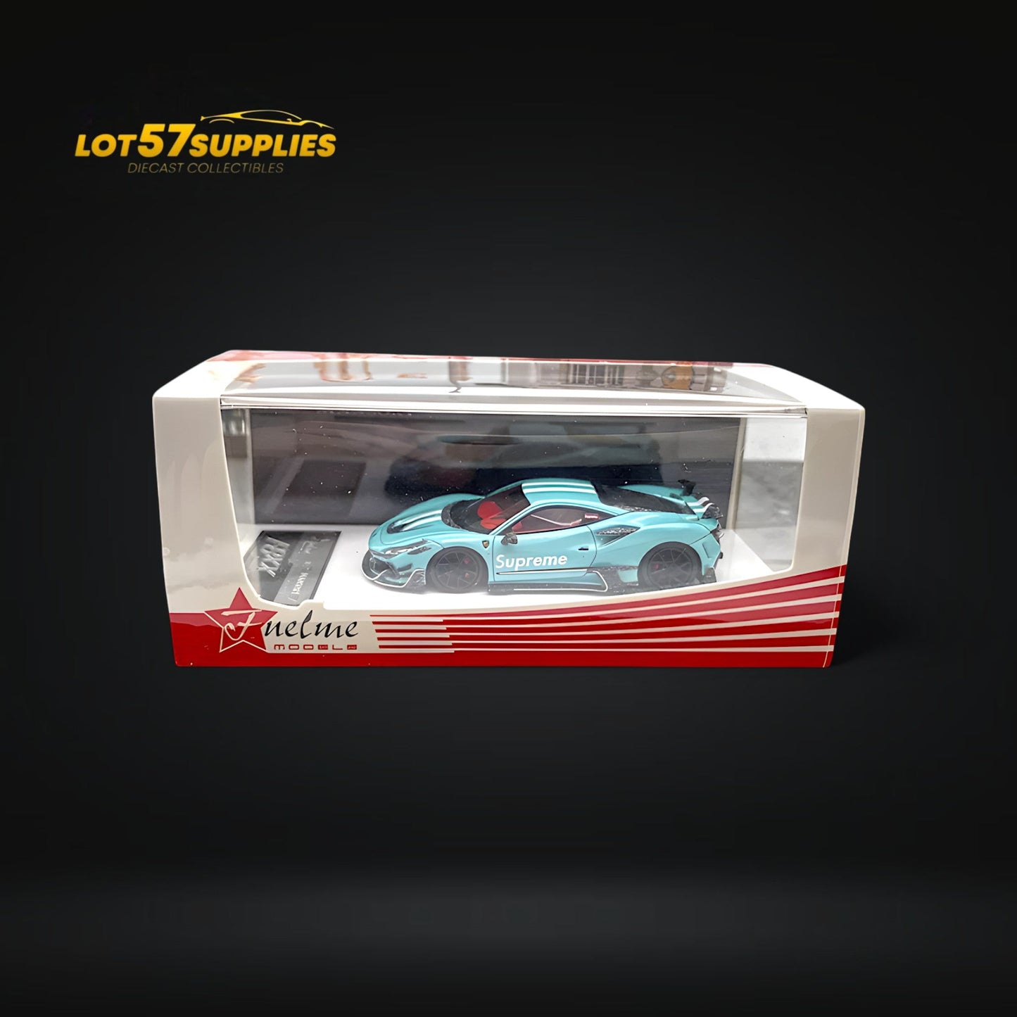 Blue Ferrari F8XX diecast model by Lot57Supplies, detailed Ferrari Mansory SUPRME 1:64 scale car from FuelMe collection