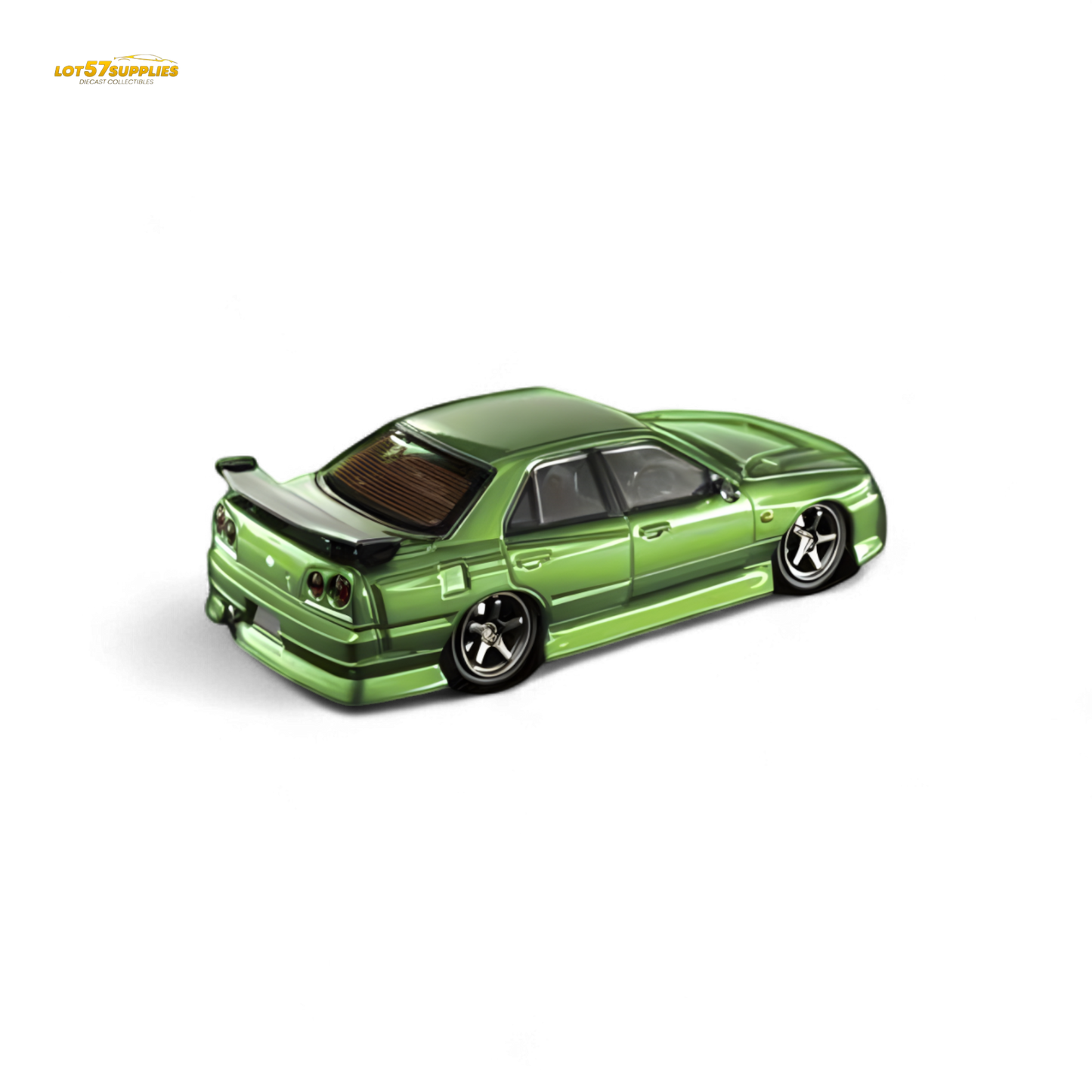 Nissan Mortal ER34 Skyline Uras diecast model in transparent metallic green, 1:64 scale, by Lot57Supplies Diecast Shop.