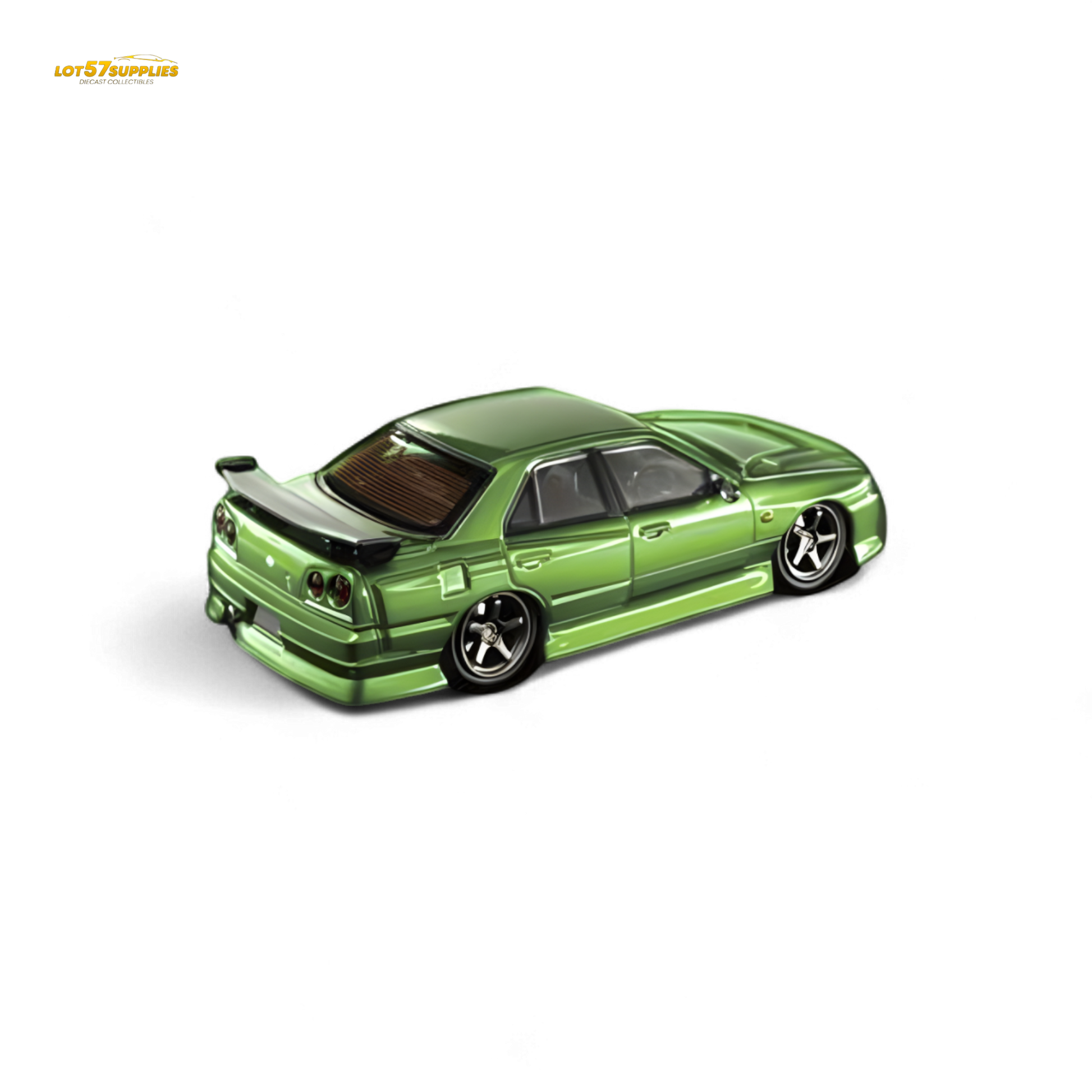 Nissan Mortal ER34 Skyline Uras diecast model in transparent metallic green, 1:64 scale, by Lot57Supplies Diecast Shop.