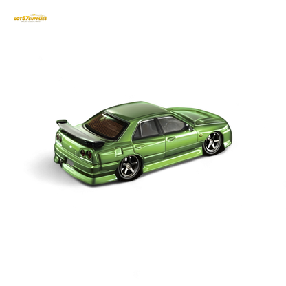 Nissan Mortal ER34 Skyline Uras diecast model in transparent metallic green, 1:64 scale, by Lot57Supplies Diecast Shop.