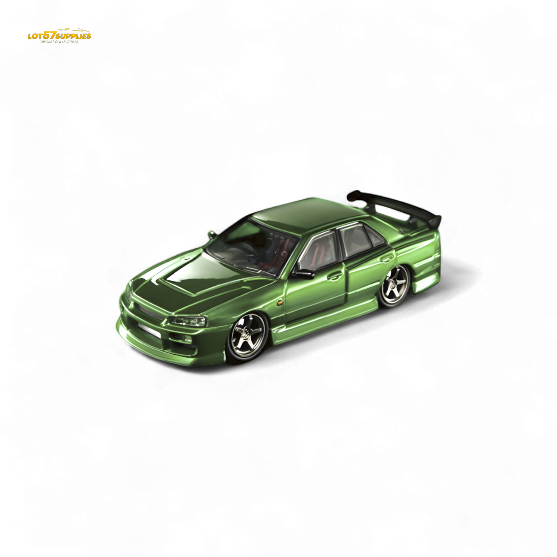 Nissan Mortal ER34 Skyline Uras diecast model in transparent metallic green, 1:64 scale, detailed miniature collectible.