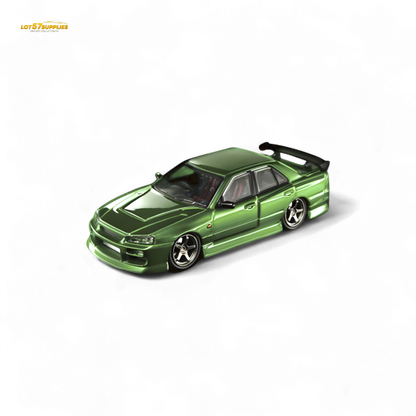 Nissan Mortal ER34 Skyline Uras diecast model in transparent metallic green, 1:64 scale, detailed miniature collectible.