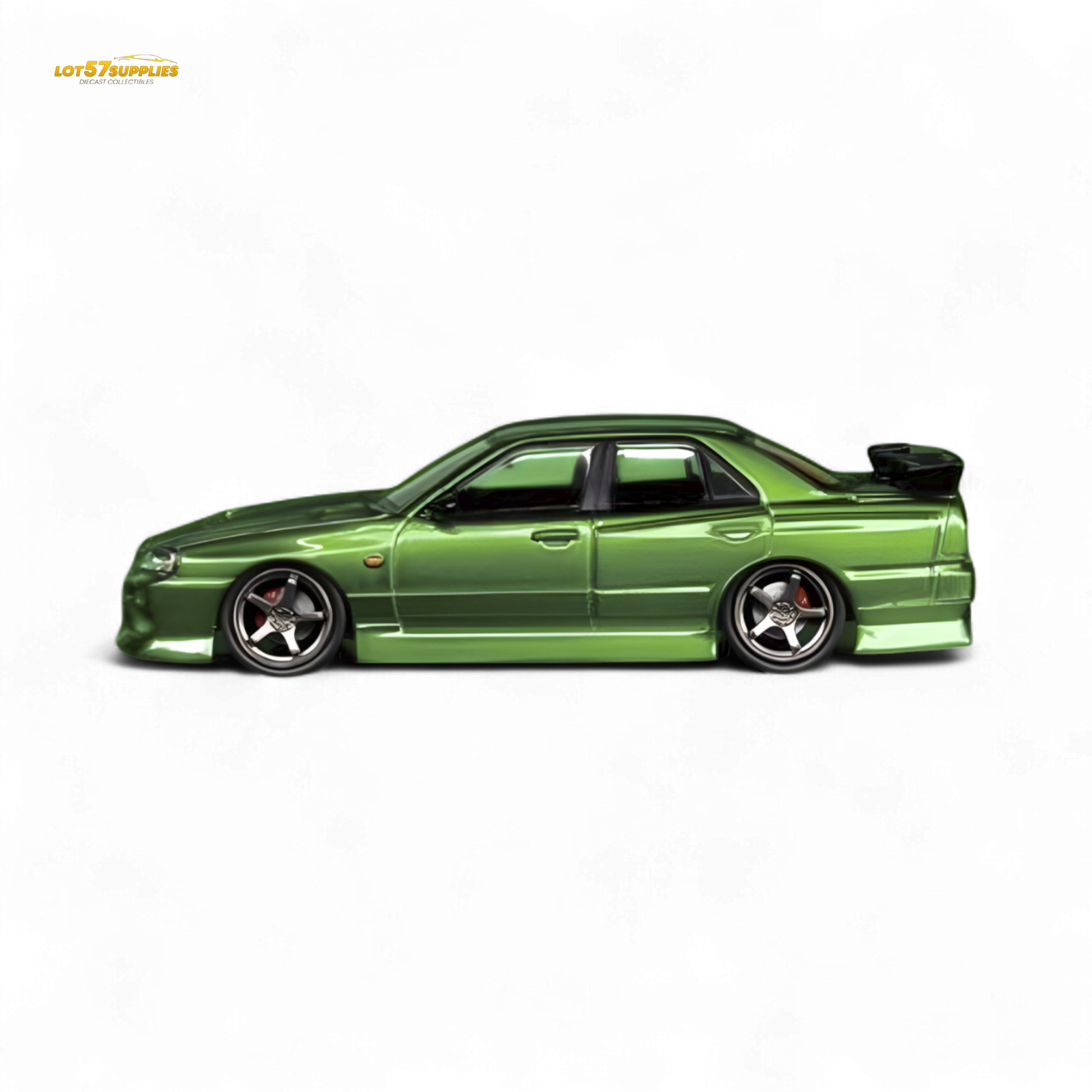 Metallic green Nissan Skyline ER34 Uras diecast model in 1:64 scale, featuring transparent details and intricate design.