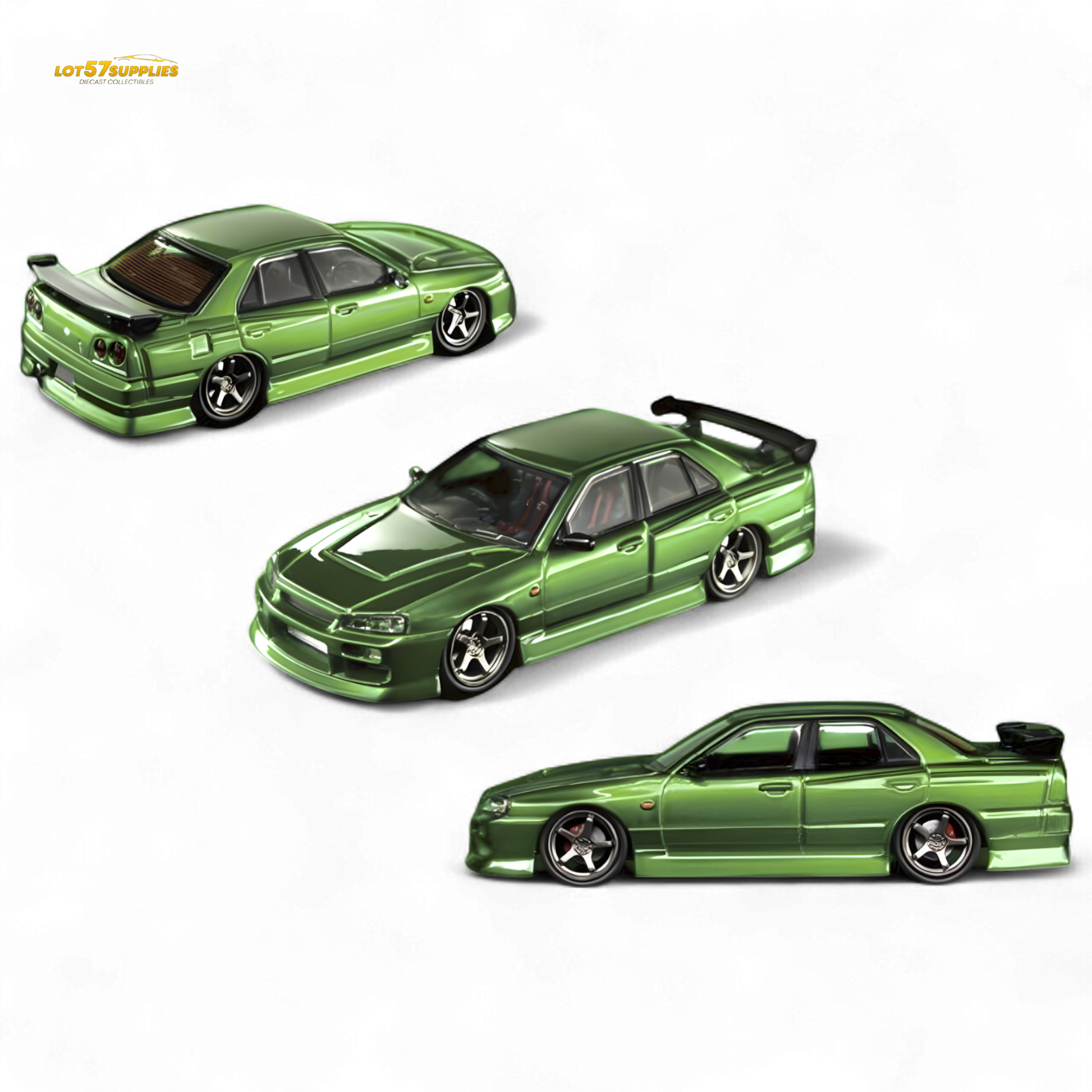 Metallic green Nissan Skyline ER34 diecast model by Lot57Supplies, detailed transparent finish, 1:64 scale.