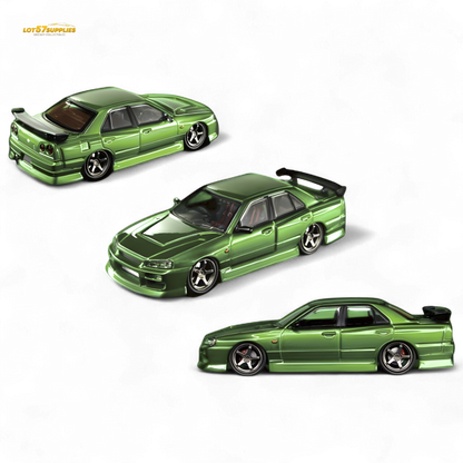 Metallic green Nissan Skyline ER34 diecast model by Lot57Supplies, detailed transparent finish, 1:64 scale.