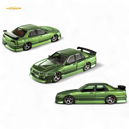 Metallic green Nissan Skyline ER34 diecast model by Lot57Supplies, detailed transparent finish, 1:64 scale.