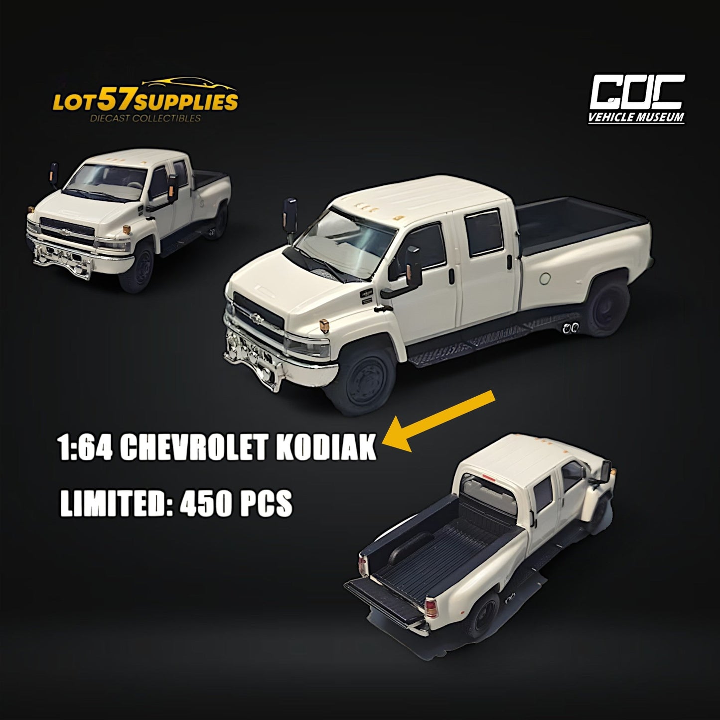 White 1:64 scale GOC Chevrolet KODIAK pickup diecast model by Lot57Supplies Diecast Shop, showing detailed exterior features.