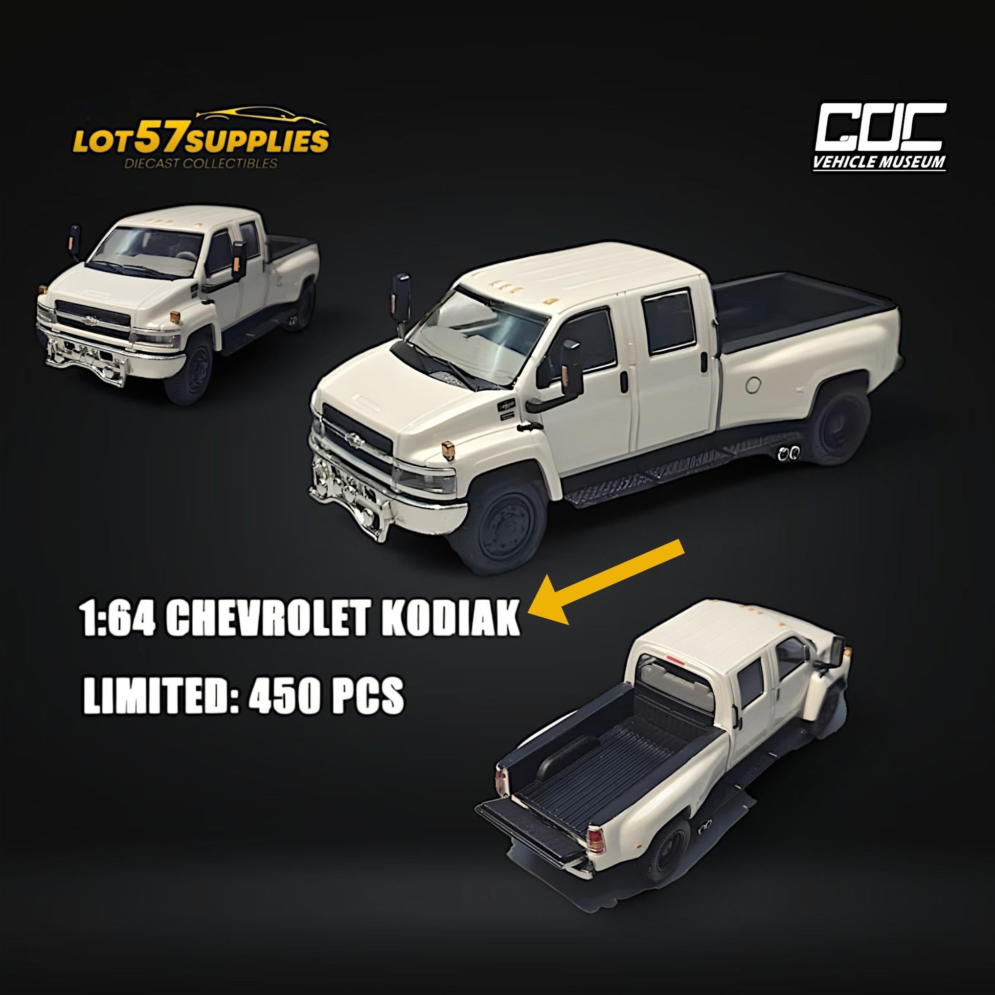 White 1:64 scale GOC Chevrolet KODIAK pickup diecast model by Lot57Supplies Diecast Shop, showing detailed exterior features.