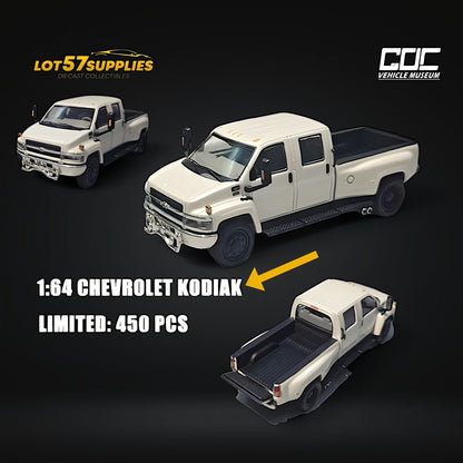 White 1:64 scale GOC Chevrolet KODIAK pickup diecast model by Lot57Supplies Diecast Shop, showing detailed exterior features.