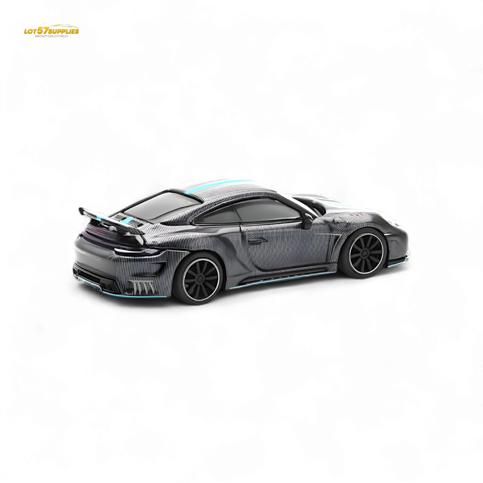 Diecast Porsche 992 Stinger GTR Carbon Edition model in black with red accents, detailed exterior, 1:64 scale, Lot57Supplies Diecast Shop
