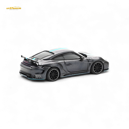Diecast Porsche 992 Stinger GTR Carbon Edition model in black with red accents, detailed exterior, 1:64 scale, Lot57Supplies Diecast Shop