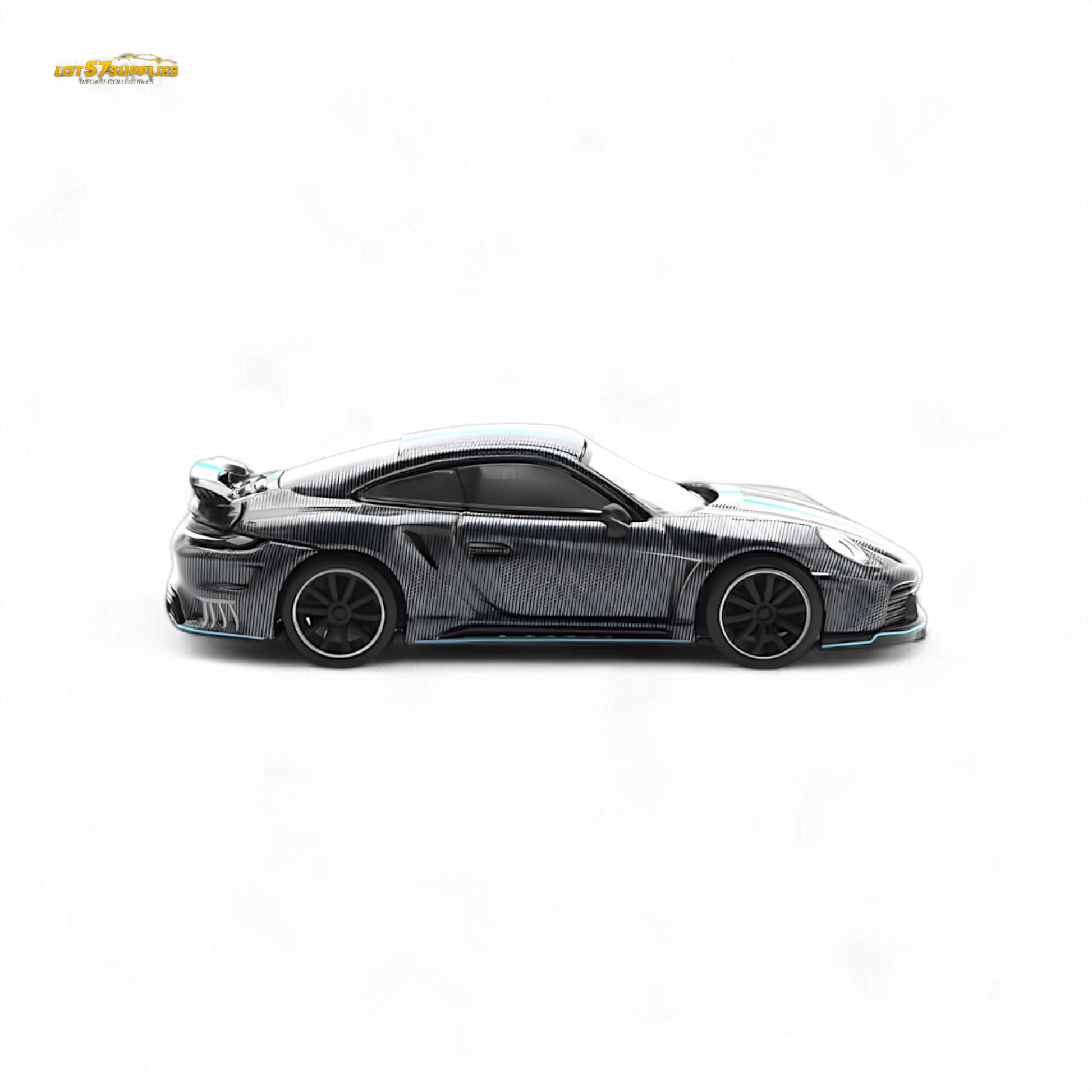 Diecast Porsche 992 Stinger GTR Carbon Edition 1:64 model in black with detailed features, from Lot57Supplies Diecast Shop.
