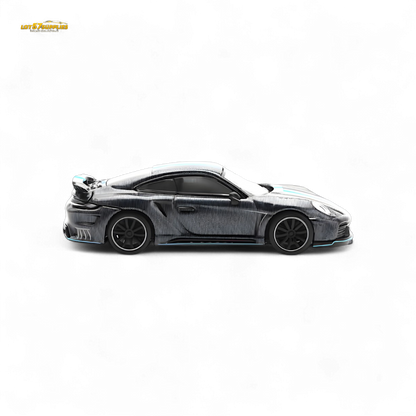 Diecast Porsche 992 Stinger GTR Carbon Edition 1:64 model in black with detailed features, from Lot57Supplies Diecast Shop.