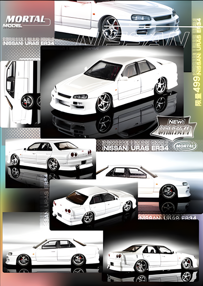 Diecast Nissan ER34 Skyline Uras in pearl white, 1:64 scale model by Lot57Supplies Diecast Shop, detailed miniature car.