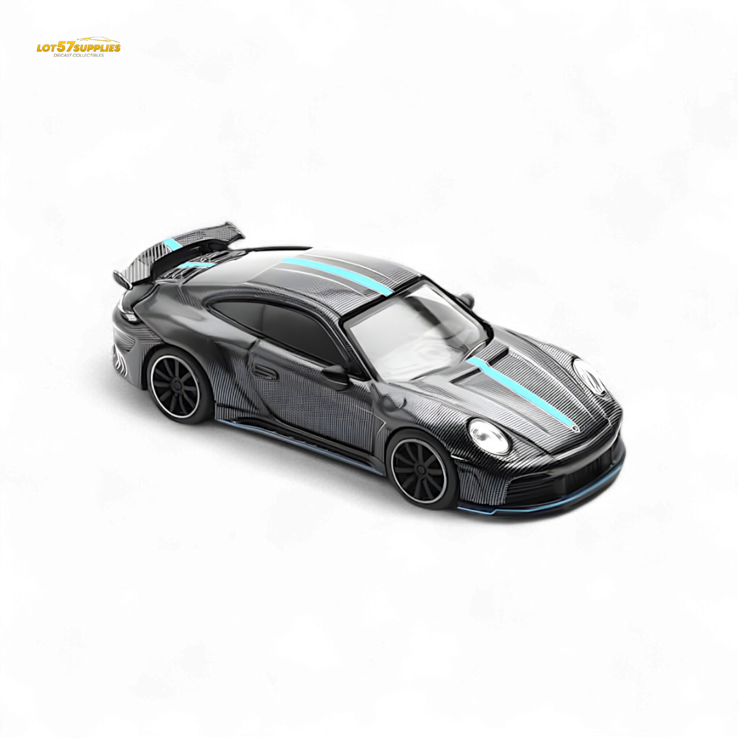 Diecast Porsche 992 Stinger GTR Carbon Edition 1:64 model in black with red accents, detailed replica by Lot57Supplies Diecast Shop.