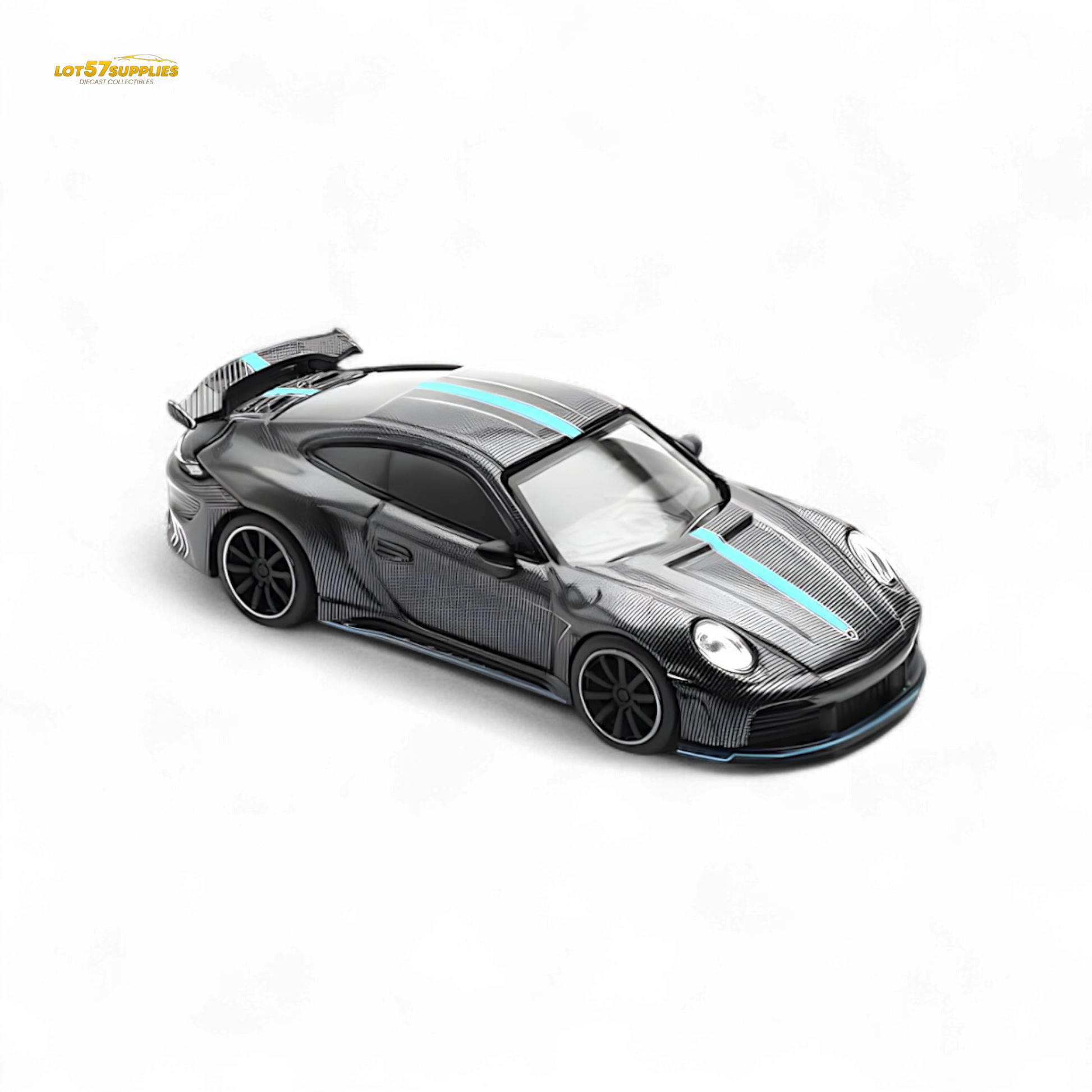 Diecast Porsche 992 Stinger GTR Carbon Edition 1:64 model in black with red accents, detailed replica by Lot57Supplies Diecast Shop.