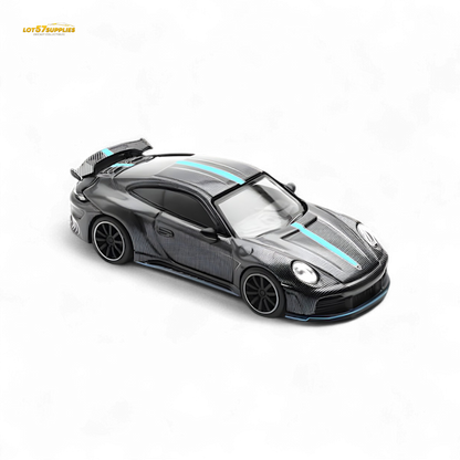 Diecast Porsche 992 Stinger GTR Carbon Edition 1:64 model in black with red accents, detailed replica by Lot57Supplies Diecast Shop.