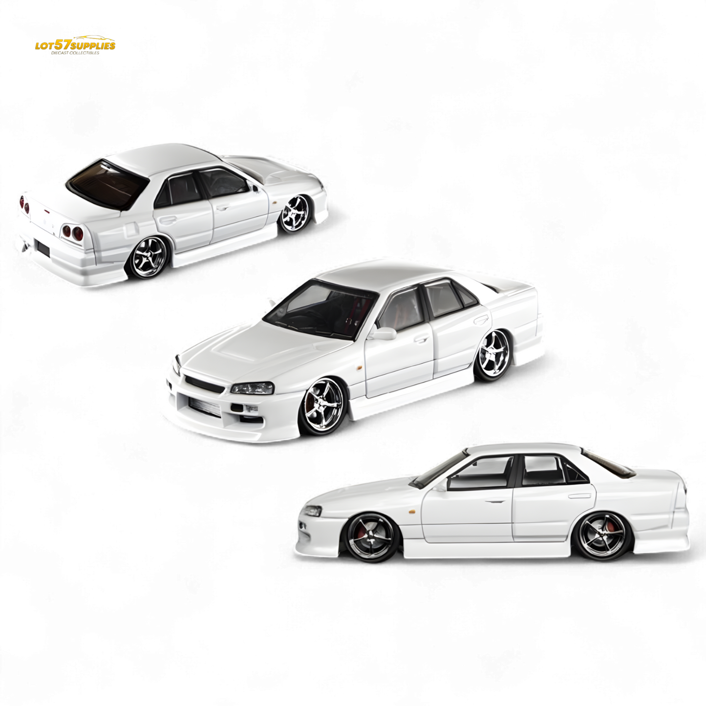 Diecast Nissan ER34 Skyline Uras in pearl white, 1:64 scale, model car from Lot57Supplies Diecast Shop.