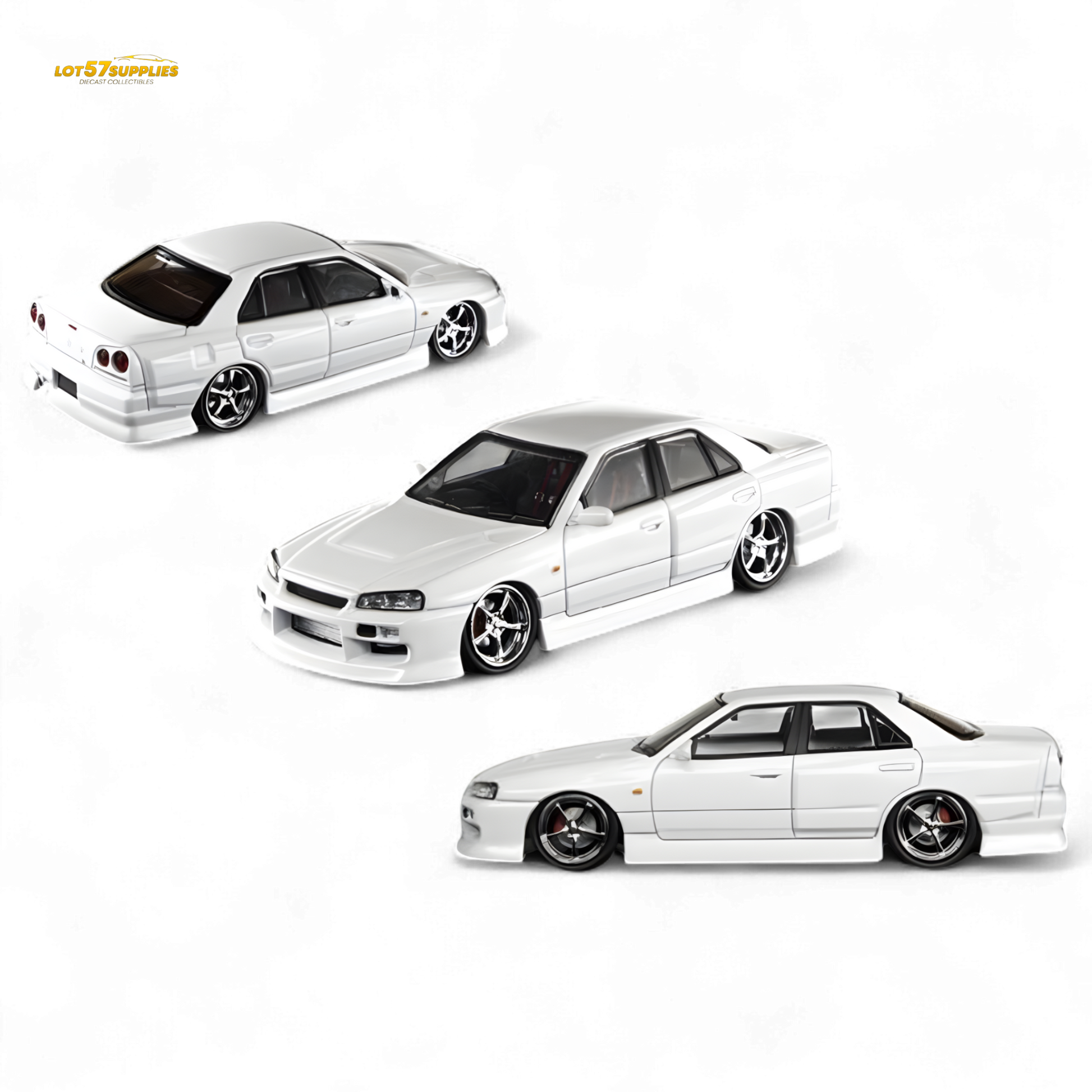 Diecast Nissan ER34 Skyline Uras in pearl white, 1:64 scale, model car from Lot57Supplies Diecast Shop.