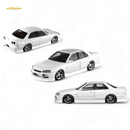 Diecast Nissan ER34 Skyline Uras in pearl white, 1:64 scale, model car from Lot57Supplies Diecast Shop.