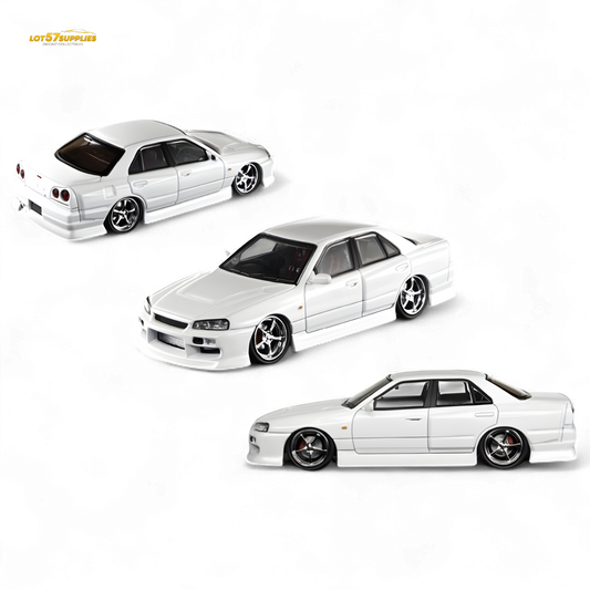 Diecast Nissan ER34 Skyline Uras in pearl white, 1:64 scale, model car from Lot57Supplies Diecast Shop.