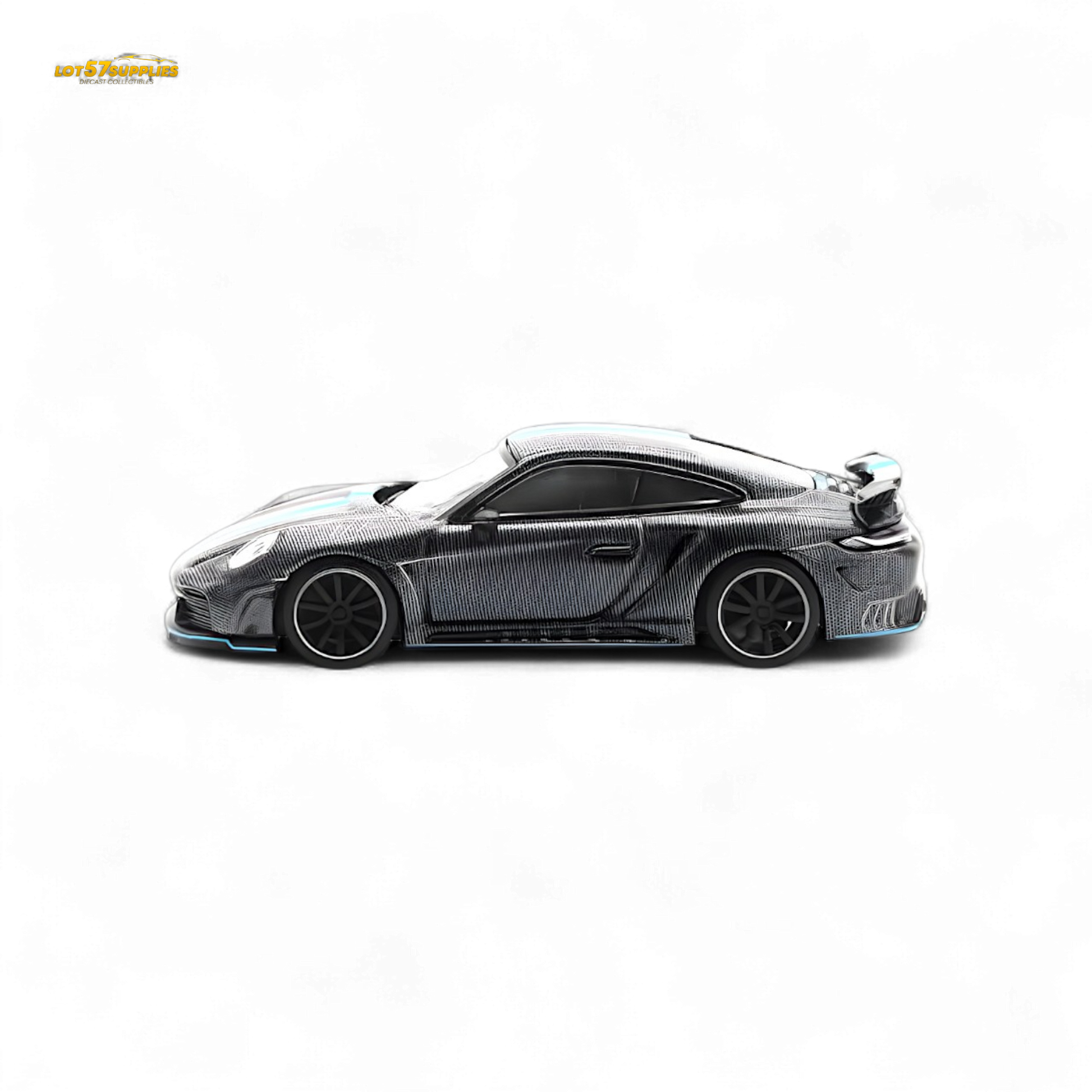 Diecast Porsche 992 Stinger GTR Carbon Edition model car in black with detailed features, sized 1:64 scale.