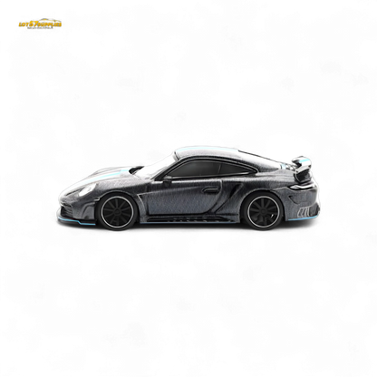 Diecast Porsche 992 Stinger GTR Carbon Edition model car in black with detailed features, sized 1:64 scale.