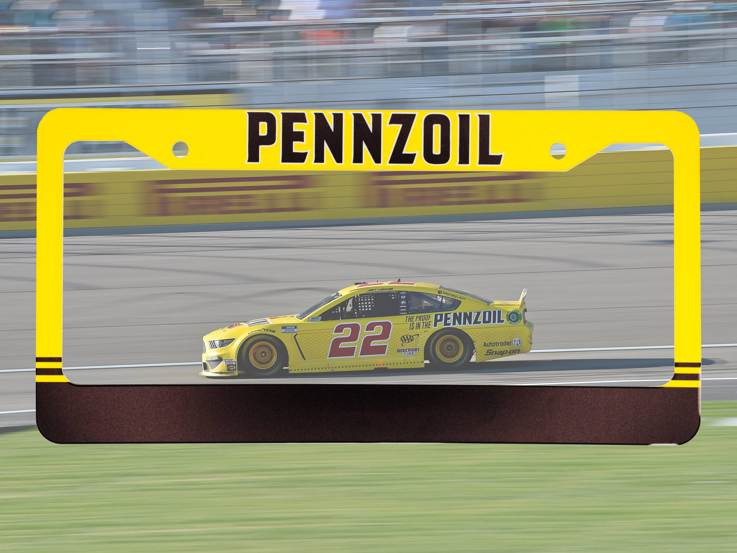 Pennzoil Racing license plate frame by Bad Taste Worldwide featuring bold Pennzoil branding on a durable metal frame.