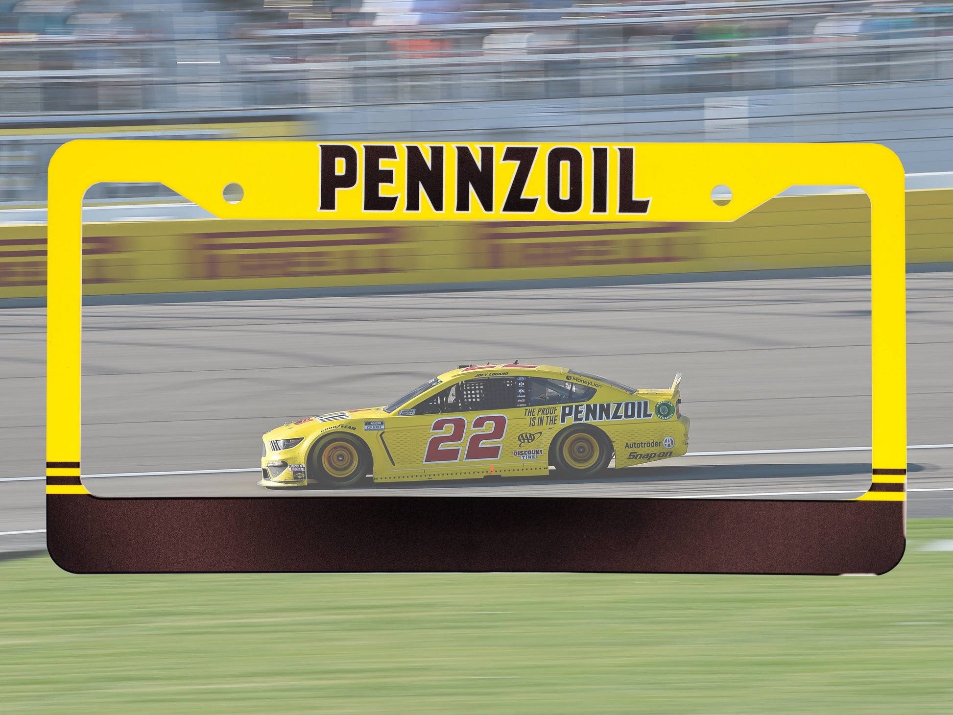 Pennzoil Racing license plate frame by Bad Taste Worldwide featuring bold Pennzoil branding on a durable metal frame.