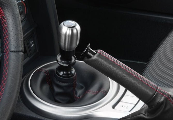 Black Perrin drift button knob for Subaru WRX, STI, Toyota FR-S, BRZ, 86, and GR86; JDMuscle automotive interior accessory.
