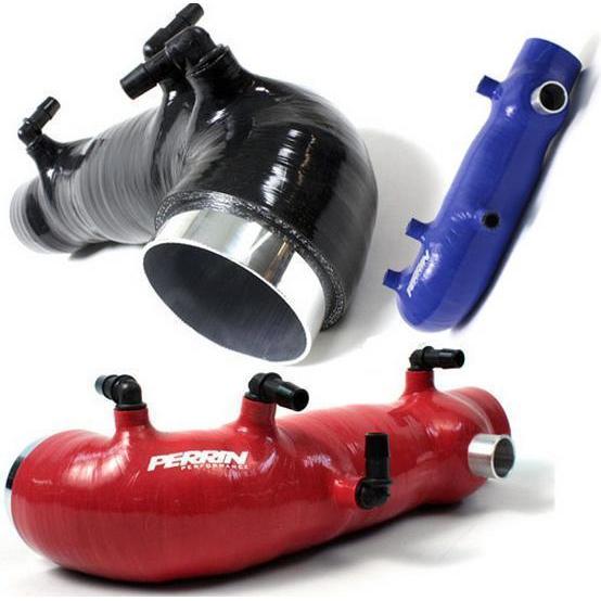 Perrin 2.4-inch turbo inlet hose in black, red, and blue for Subaru WRX, STI, FXT, and Forester XT, JDMuscle performance part