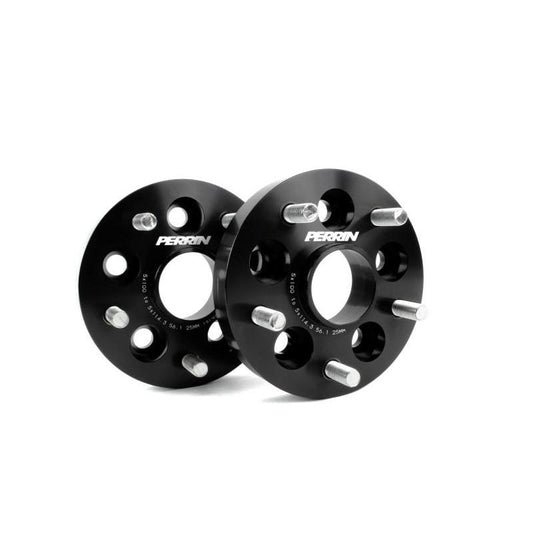 Pair of black Perrin 25mm wheel adapters for Subaru WRX, STI, BRZ, Crosstrek, and Forester XT, converting 5x100 to 5x114.3 bolt pattern.