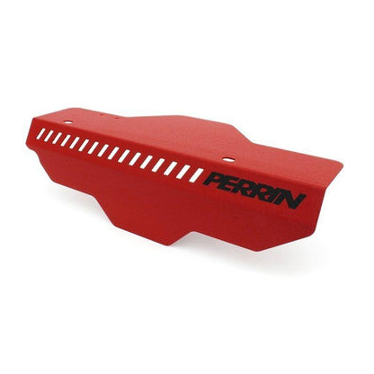 PERRIN alternator cover for Subaru WRX 2002-2014 and STI 2004-2019, black with red, neon yellow accents, JDMuscle branding.
