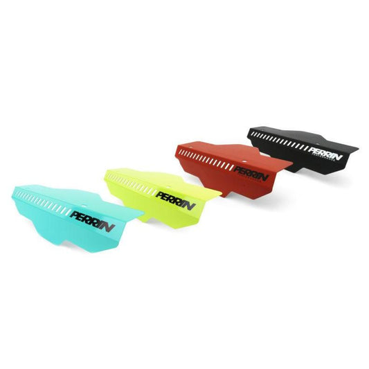 Black and red neon PERRIN alternator cover for Subaru WRX 2002-2014 and STI 2004-2019, made for performance and style.