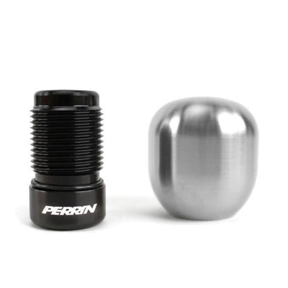 JDMuscle Perrin barrel style shift knob for Subaru WRX, Crosstrek, and Legacy manual transmissions, featuring a sleek silver design.
