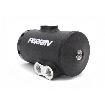 Perrin Black Air Oil Separator for 2002-2007 Subaru WRX/STI with TMIC, mounted on engine with black finish.