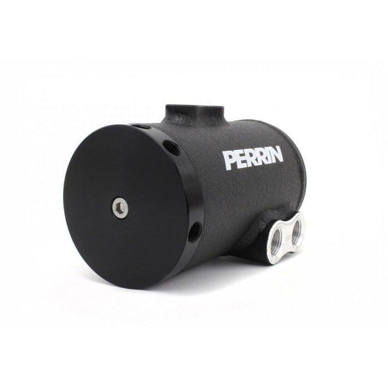 Perrin Black Air Oil Separator for 2002-2007 Subaru WRX/STI with TMIC, made by JDMuscle, shown installed on engine.