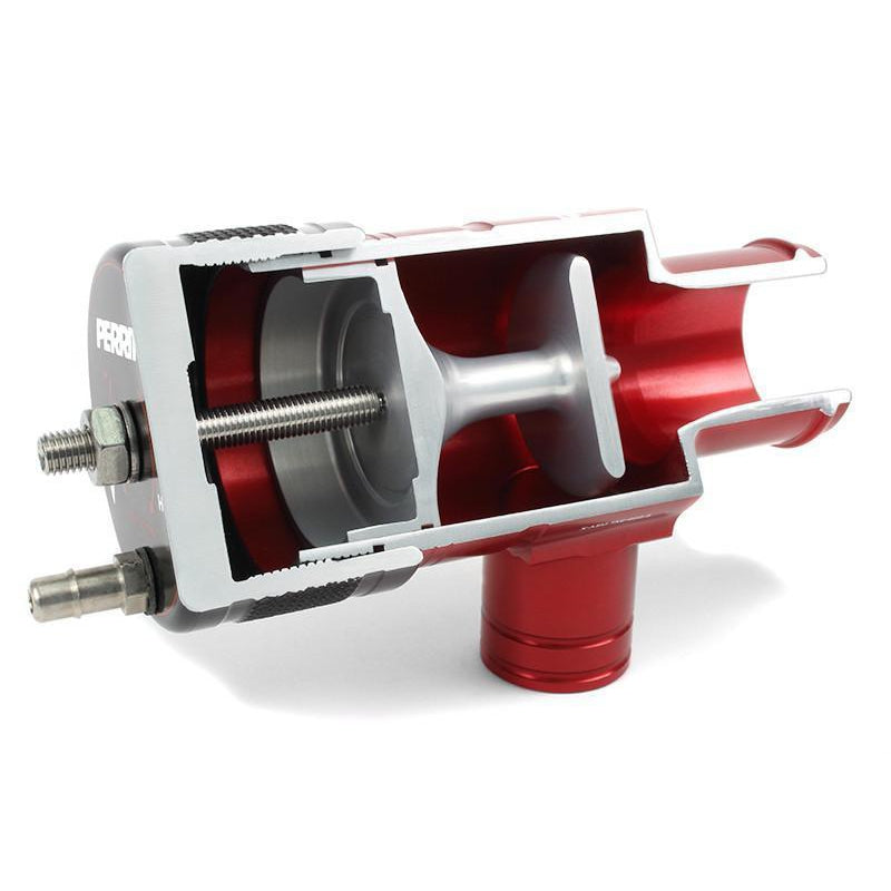 Red PERRIN Recirculation Blow Off Valve for 2015-2021 Subaru WRX, mounted on engine, showcasing performance design.