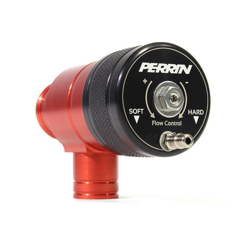 Red PERRIN Recirculation Blow Off Valve installed on a 2015-2021 Subaru WRX, showcasing its sleek design and performance features.