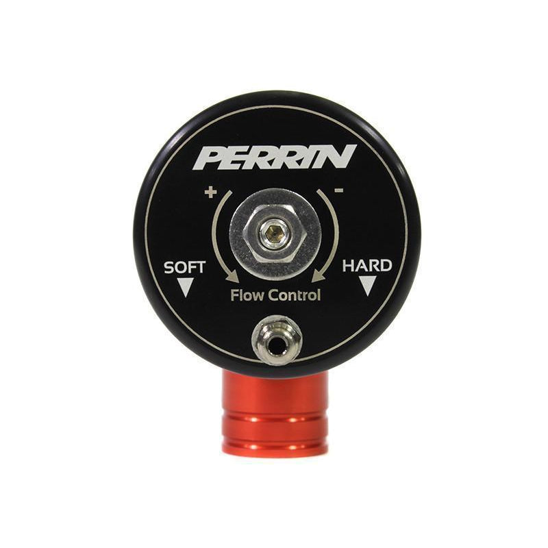 Red PERRIN Recirculation Blow Off Valve for 2015-2021 Subaru WRX, shown installed on engine with metal fittings and hoses.