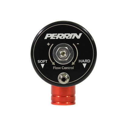 Red PERRIN Recirculation Blow Off Valve for 2015-2021 Subaru WRX, shown installed on engine with metal fittings and hoses.