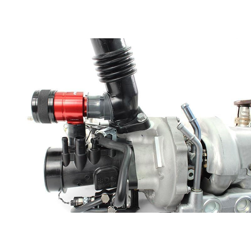 Red Perrin Recirculation Blow Off Valve for 2015-2021 Subaru WRX, shown with the valve and mounting components.