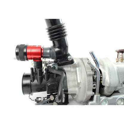 Red Perrin Recirculation Blow Off Valve for 2015-2021 Subaru WRX, shown with the valve and mounting components.