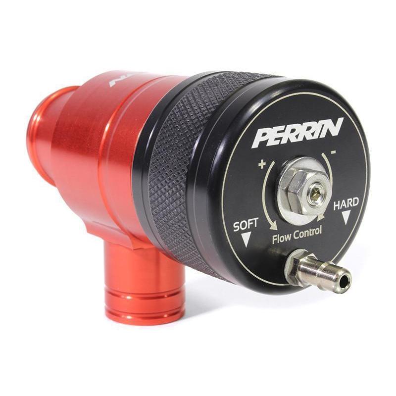 PERRIN Recirculation Blow Off Valve in red installed on a 2015-2021 Subaru WRX, showcasing the performance turbocharger upgrade.