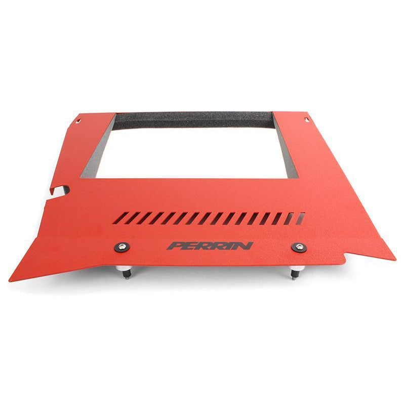 Red Perrin engine cover kit for Subaru WRX 2015-2021, featuring sleek performance engine covers with bold red accents.