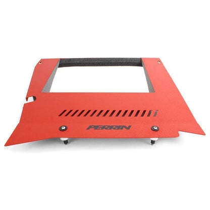 Red Perrin engine cover kit for Subaru WRX 2015-2021, featuring sleek performance engine covers with bold red accents.